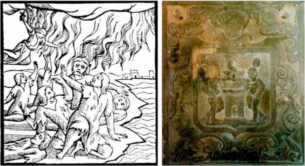 Left: The destruction of the giants according to historian Pedro Cieza de León in the Crónica del Perú. El Señorío de los Incas (“Chronicle of Peru. The Lordship of the Incas”. 1550). Just as in the chronicle of Fernando de Montesinos, Cieza de León consigned the destruction of the giants by the fire from heaven. Right: A relief in the city of Quito of the year 1650 where two bearded giants with clubs have been represented (Photo by Rafael Videla Eissmann).