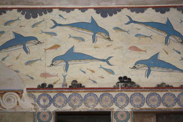 Détail de la fresque du dauphin, le palais minoen de Knossos, Crète, (1700-1450 av. J.-C.)