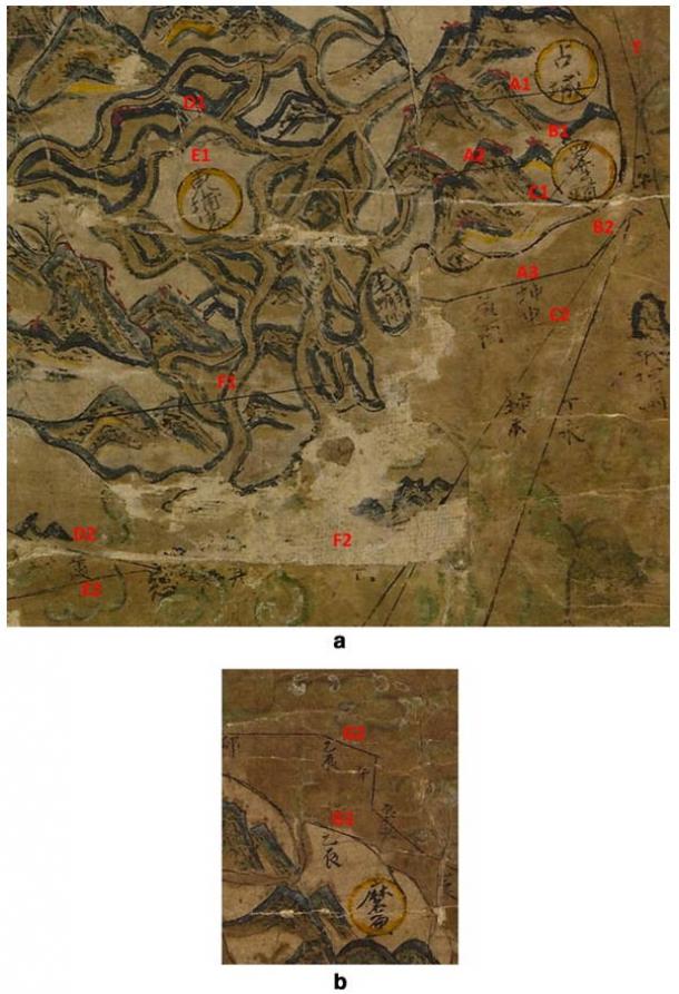 These details before the 2011 restoration of the map show trade routes in Vietnam and Cambodia that were later covered by land. The smaller image, b, shows Bali on Java.