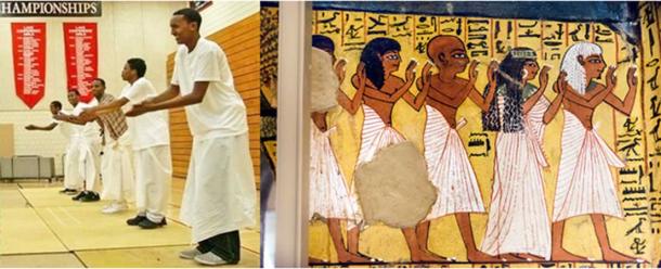 Left: Somali youth dancing the “dhaanto.” (Somali Egyptian-Puntite History) Right: Ancient Egyptians with similar white clothing in a fresco from the Tomb of Pashedu at Deir el-Medina. (kairoinfo4u/CC BY NC SA 2.0) Pashedu was a