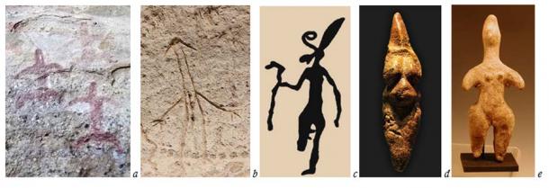 Paleolithic representations of the gods. Note the “elongated” heads as a common feature. a) A group of petroglyphs in Tierra del Fuego, in Chile, with the representation of the Hówen or “spirits” that descended from the stars of the Selk’nam tradition. b) Anthropomorphic petroglyph in Lava Beds, California, in the United States. c) Petroglyph at Wādi el Qash in Egypt. d) The Venus de Savignano, found in the homonymous place in Emilia-Romagna, Italy. e) A “goddess” of the Amlash culture, in Iran. (Author provided)