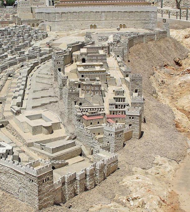 A digital reconstruction of the Biblical City of David in the period of Herod's Temple. The southern wall of the Temple Mount appears at top. 