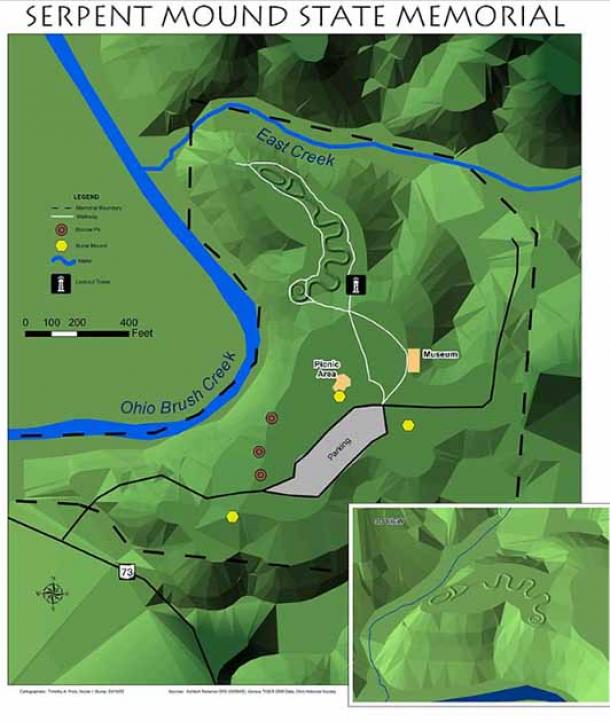 A digital GIS map of Ohio's Great Serpent Mound, created by Timothy A. Price and Nichole I., 2002.  (CC BY-SA 3.0)