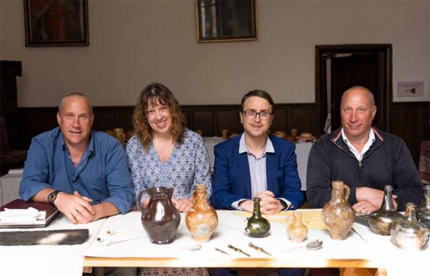 (L-R) Lincoln Barnwell, Prof. Claire Jowitt, Dr. Ben Redding and Julian Barnwell with some of the finds discovered at the Gloucester shipwreck. (University of East Anglia)