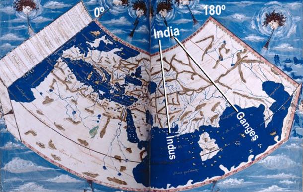 The "discoverer" of America owned a copy of Ptolemy’s Geographia, published in Rome in 1478, which included this map, representing the half of the globe that was then known. Note the added labels, in white, where we indicate the mouths of the River Indus, to the west, and Ganges to the east. The territory between these two rivers had been known as "India" for thousands of years. 