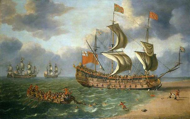 Los buzos han descubierto los restos del naufragio del Gloucester frente a Great Yarmouth. En la imagen, El naufragio del Gloucester frente a Yarmouth, 6 de mayo de 1682, por Johan Danckerts. (Dominio publico)