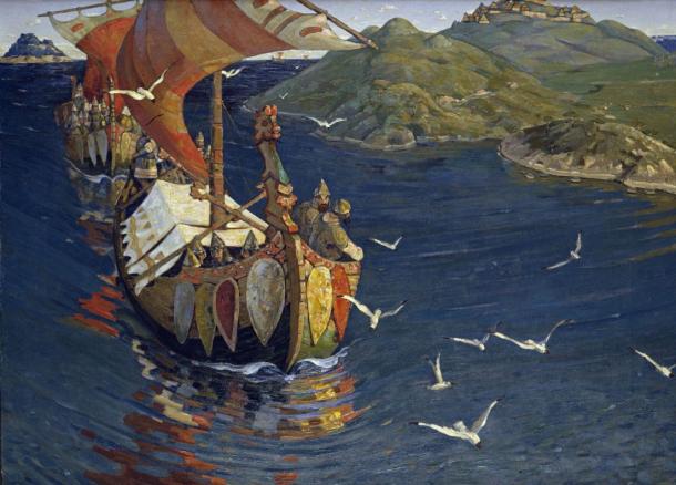 The dragon head is a famous symbol of the Vikings and was often mounted on their ships. ‘Guests from Overseas’ by Nicholas Roerich.