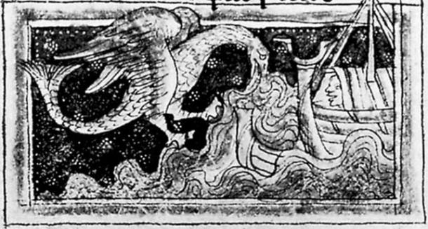 Un pez sierra parecido a un dragón con patas palmeadas y las enormes alas requeridas ataca un barco del Bestiario de William the Cleric. (Biblioteca Nacional de Francia)