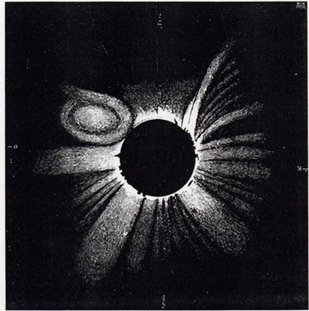 A drawing of a total solar eclipse on July 18, 1860, by German astronomer Wilhelm Tempel, shows solar activity during the occultation. Photo: Journal of Mediterranean Archaeology and Archaeometry