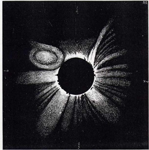 A drawing of a total solar eclipse on July 18, 1860, by German astronomer Wilhelm Tempel, shows solar activity during the occultation. Photo: Journal of Mediterranean Archaeology and Archaeometry