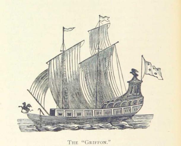 A drawing of Le Griffon from 1882. This lost shipwreck should be easier to find, since it’s in Lake Michigan rather than the ocean. (Public Domain)
