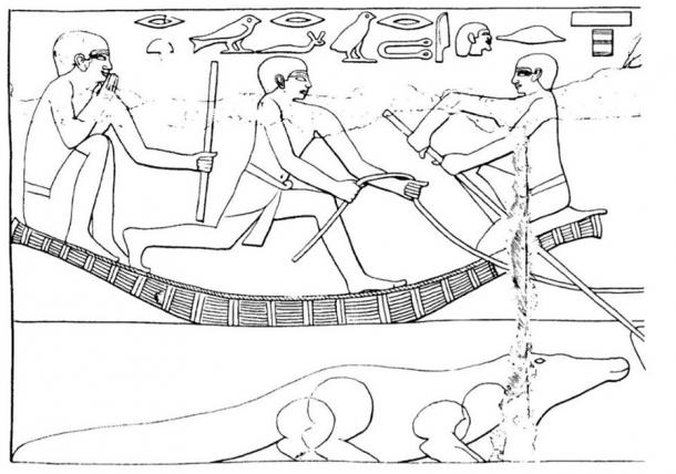 Drawing of a painted scene from the Tomb of Ankhmahor, Vizier to King Teti, Old Kingdom (~2330 BC), showing a lector priest sitting in a boat, holding his magical staff and uttering magical words for protection while fording the river with the herds. A crocodile is seen in the water. (Ritner, Robert Kriech, The Mechanics of Ancient Egyptian Magical Practice, 1993)