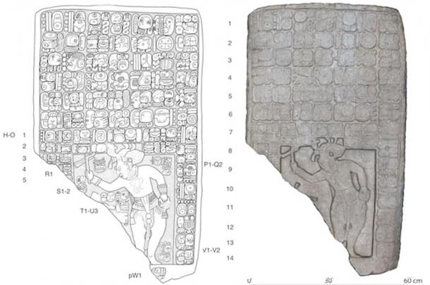 Left, drawing of a tablet found at the site. Right, a digital 3D model. (Image: Stephen Houston (Brown University)/Charles Golden (Brandeis)