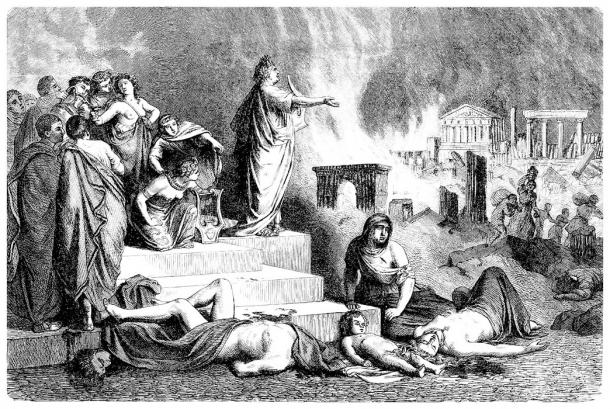 This ancient drawing shows Nero singing during the Great Fire of Rome. And, based on the newest book about him, he was wrongly blamed for the fire and its overall subsequent financial burden. (Erica Guilane-Nachez / Adobe Stock)