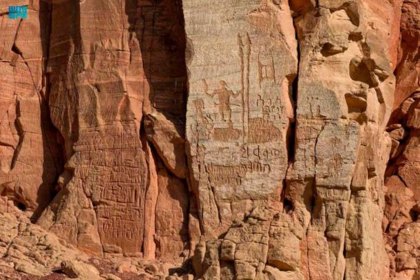 Rock drawings found etched on Tuwaiq Mountain that depict daily activities, including hunting, traveling, and fighting. (SPA)