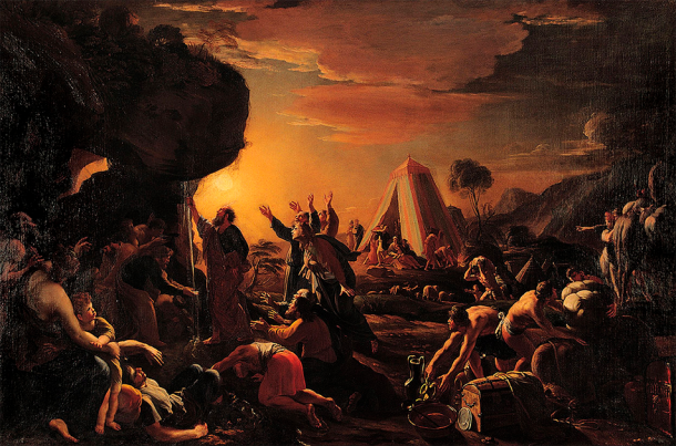 Moisés saca agua de la roca, por Francoise Perrier.  (Dominio publico)