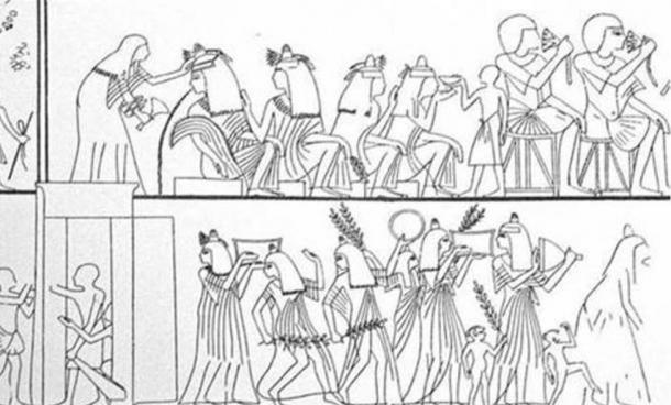Un dibujo basado en un antiguo mural egipcio muestra un festival de bebidas en curso.