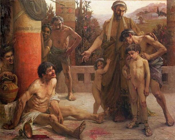 A Spartan points out a drunken slave to his sons 