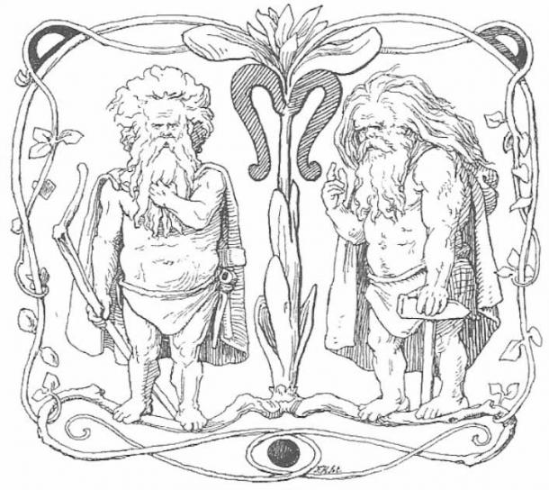 Two dwarves as depicted in a 19th-century edition of the Poetic Edda poem Völuspá (1895) by Lorenz Frølich. (Public Domain)