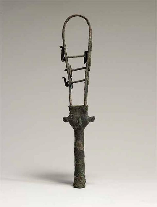 Ancient bronze sistrum dating back to circa 380 to 250 BC.