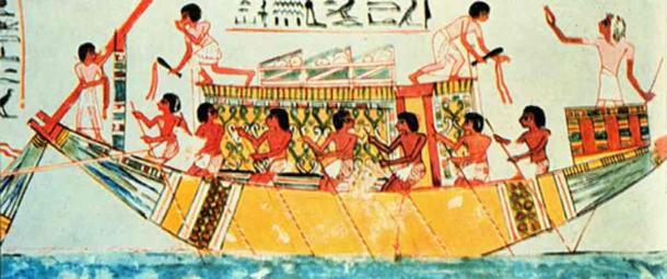 Egyptian tomb painting from 1450 BC. Caption: "Officer with sounding pole...is telling crew to come ahead slow. Engineers with cat-o'-nine-tails assuring proper response from engines." (Public domain)
