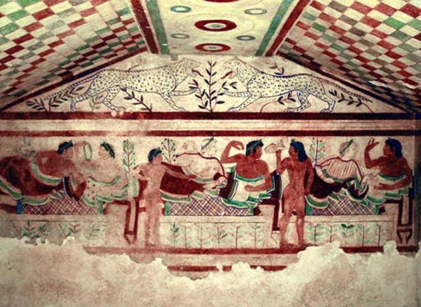 An example of an elaborate Etruscan tomb: Wall painting in a burial chamber called Tomb of the Leopards at the Etruscan necropolis of Tarquinia in Lazio, Italy. 