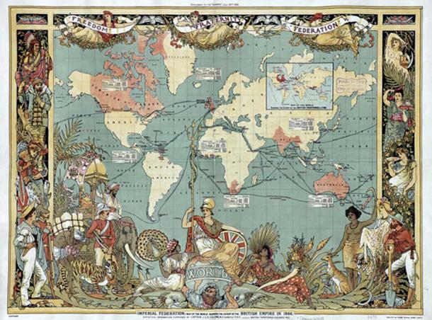An elaborate map of the British Empire in 1886, marked in the traditional color for imperial British dominions on maps.