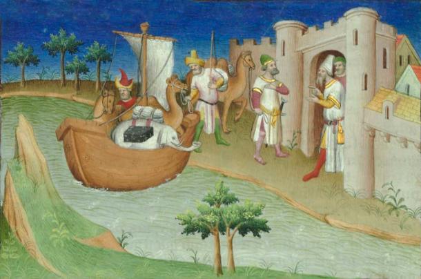 Marco Polo con elefantes y camellos llegando a Ormuz en el Golfo Pérsico desde la India, en un manuscrito de los Viajes de Marco Polo en la Biblioteca Nacional de París. (Dominio publico)