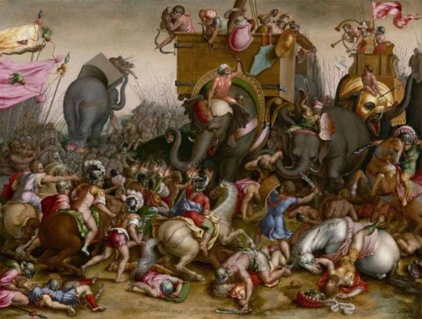 Startled elephants could rampage troops in battle. Battle of Zama, circa 1567-1578 (Public Domain)