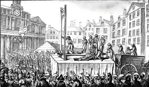 Nine emigres being executed by guillotine in 1793 during the Reign of Terror. (Public domain)