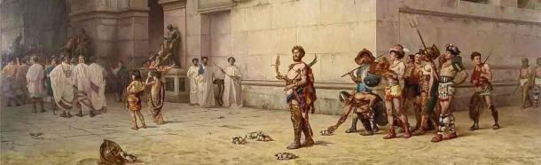The Emperor Commodus Leaving the Arena at the Head of the Gladiators by American muralist Edwin Howland Blashfield. (Public Domain)