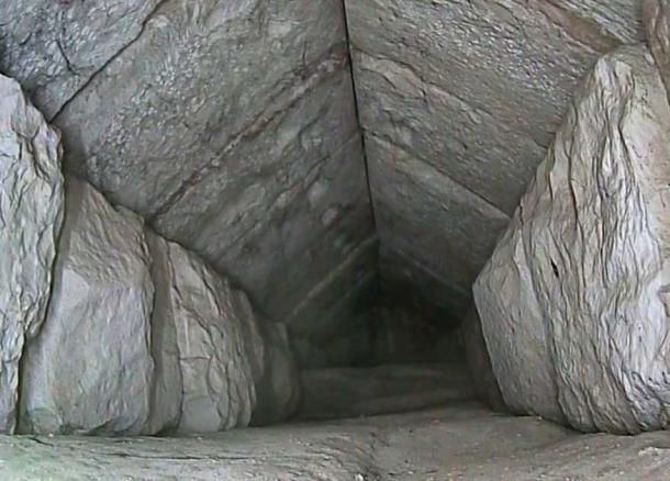 The endoscope image of the newly found chamber above the entrance of the Great Pyramid. (MOTA)