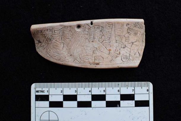 This engraved shell plaque depicts two seated central figures and illustrates the interpersonal interactions behind long-distance Maya coastal trade networks.  (Costa Escondida Project)