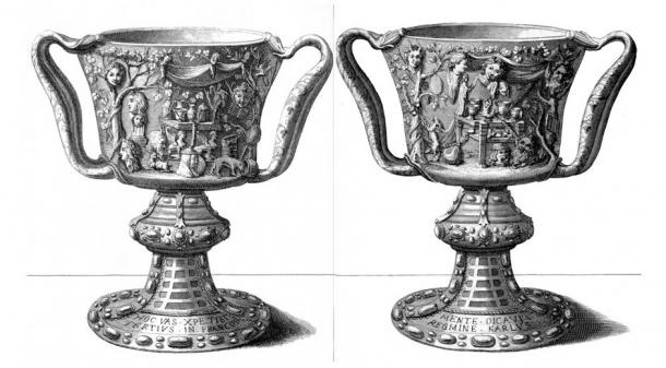 An engraving by Michel Félibien that was made in 1706, depicting the front and the back of the Cup of the Ptolemies.