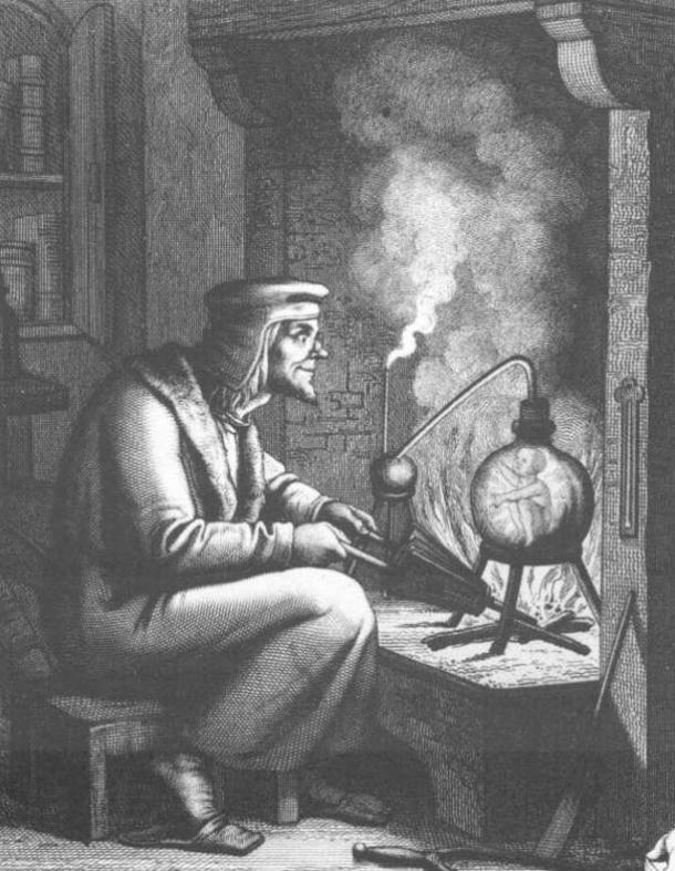 A 19th century engraving of Goethe’s Faust and a homunculus