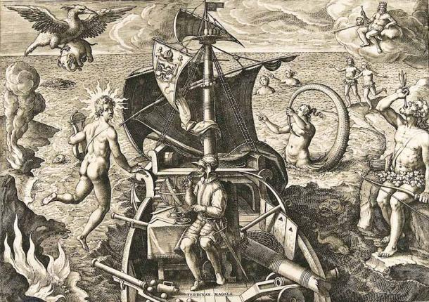 16th-century engraving by Joannes Stradanus depicting Magellan surrounded by mythological characters and fantastic animals. It represents the discovery of the Magellan Strait and European views of the still-mysterious Americas. (Public domain)