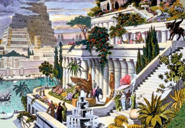 A hand-colored engraving of the Hanging Gardens of Babylon. (Public Domain)