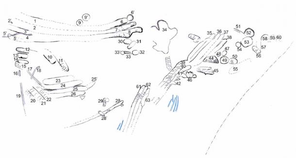 Sample of the Neanderthal cave engravings under analysis (above) and drawing showing the limits of the finger flutings in black (below). (J. Esquerre & H. Lombard / PLoS ONE)