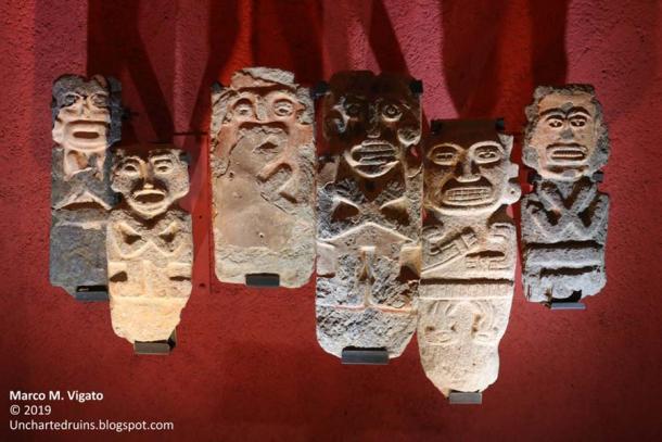 A set of enigmatic stone idols with crossed arms, part of a larger offering found in the “Recinto de las Esculturas” (Enclosures of the Sculptures) area of the site, dated to the Epiclassic period (650-900 AD). (Author provided)