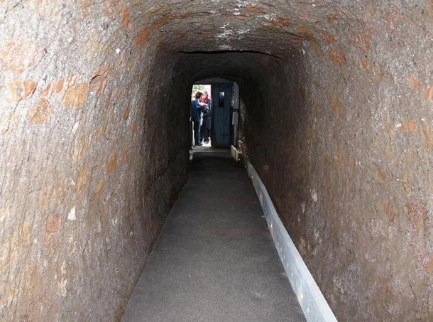 The entrance to the Pyramid of Caius Cestius in Rome, Italy, as seen from inside