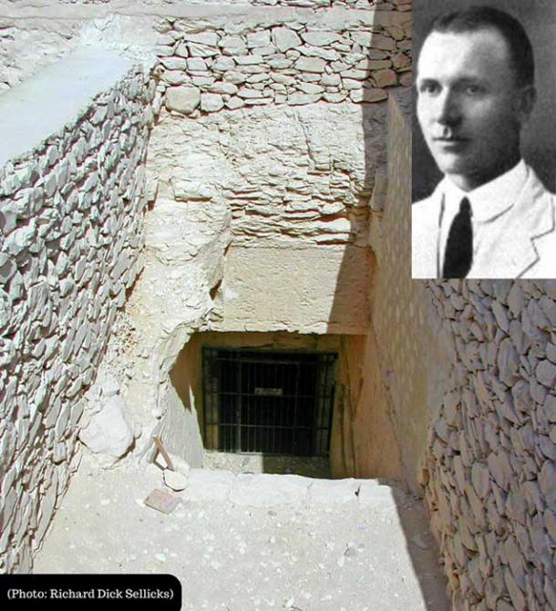 This composite image shows the entrance to the enigmatic Tomb 55 and (Inset) Edward Ayrton its discoverer