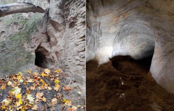 The entrance to the cave system, and one of the silted-up cave entrances within it.  (Dmytro Perov)