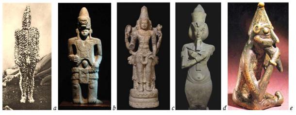 The conical headdress known as Ocelocopilli in Mesoamerica is a symbol of the star of Venus. a) The Hówen K’terrnen, the ‘Man of Light’ of the esoteric tradition of the selk’nam Háin of Tierra del Fuego in Chile (Photograph by Martin Gusinde, 1923). b) A Huasteca-Aztec representation of Quetzalcóatl as Lord of Venus, with the Ocelocopilli (Museo Nacional de Antropología de Ciudad de México). c) Effigy of Brahma from Tamil Nadu, India (British Museum). d) The god Aton in his temple at Karnak (Egyptian Museum of Cairo). e) Representation of Wotan/Odin with a conical helmet. (Statens Historika Museum in Stockholm)