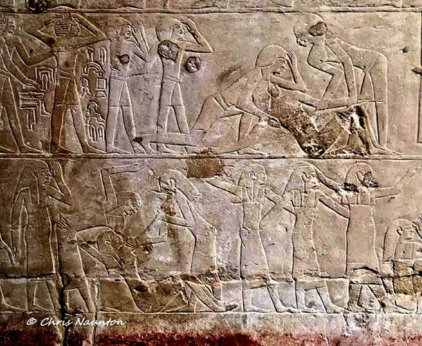 In this rather extraordinary scene of a funeral procession in the 6th Dynasty tomb of Ankhmahor at Saqqara, a mourner is shown on the ground, collapsed in grief. Even though the ancient Egyptians believed that death was not the end, they were human after all, and hence, mourned the departed just as we do today.