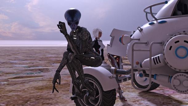 Извънземно и човек, стоящи близо до космическо бъги с женско човешко, проверяващо двигателя и извънземно отпред, седнал на калника на бъгито.  (Бърт Фолсъм / Adobe Stock)