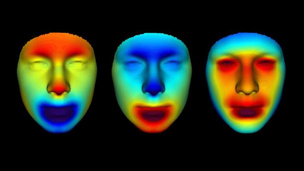 Heat maps of the different faces enabled scientists to refine details and highlight differences in the mummies' features. (Parabon NanoLabs)