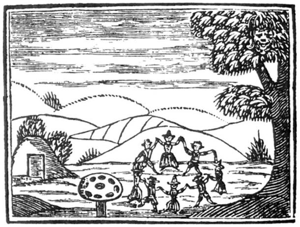 17th-century English woodcut showing faeries dancing in a ring, with hollow hill, amanita muscaria mushroom and 'spirit face' in the tree.