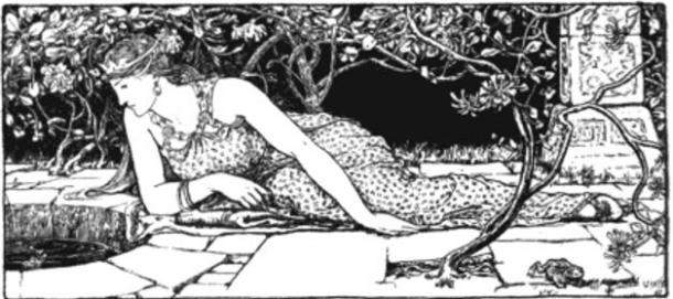 Looking to talk with the magic trout. 1892 illustration from the fairy tale Gold-Tree and Silver-Tree by John D. Batten.