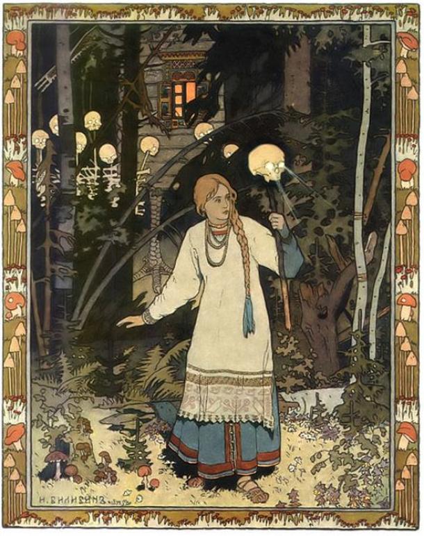 The fairy tale character Vasilisa has one of the skulls with light. By Ivan Bilibin.