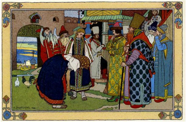 The fairy tale ends happily, with the elderly woman and Vasilisa moving into the palace.